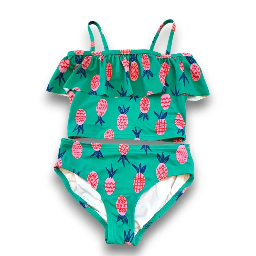 Hanna Andersson Green Pineapple Fruit 2 Piece Swimsuit Ruffled Girls 140 US 10